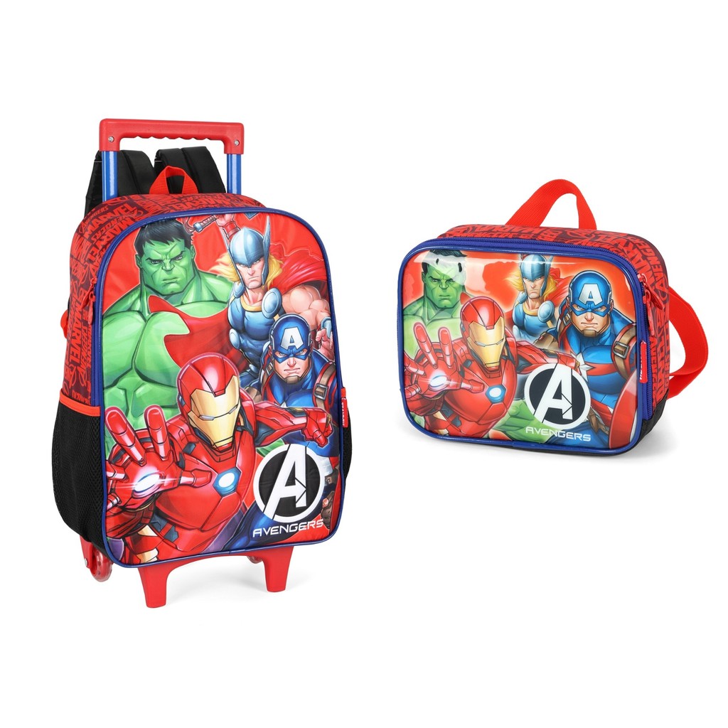 Kit Mochila De Rodinhas com lancheira térmica Hulk Homem De Ferro Capitão América Tor