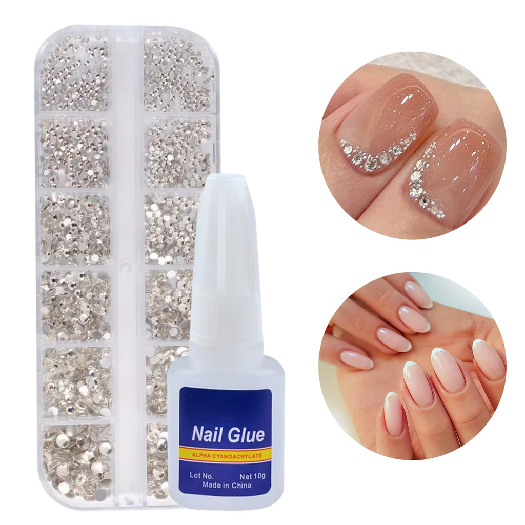 Kit 12 Strass Decoração Unhas Transparente + Cola Com Pincel Para Unha Tips 10g