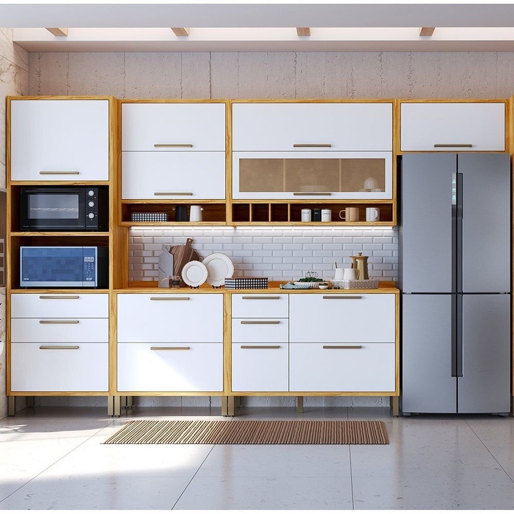 Cozinha Completa 100% Mdf 6 Peças 10 Portas 6 Gavetas e Vidro 354cm Vicenza Espresso Móveis Amêndoa/Branco Brilho