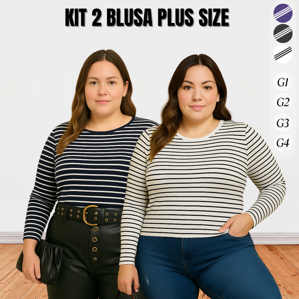 Kit 2 Blusas Femininas Manga Longa Listrada Plus Size Conforto e Estilo Casual