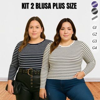 Kit 2 Blusas Femininas Manga Longa Listrada Plus Size Conforto e Estilo Casual