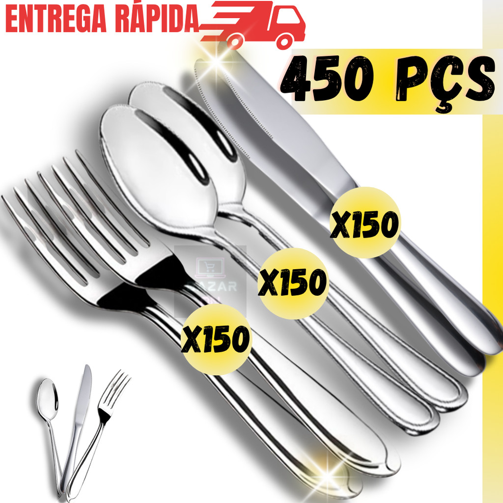 Jogo 450 Talheres Aço Inox Kit Almoço Jantar 150 Colheres 150 Garfos 150 Facas Conjunto Completo