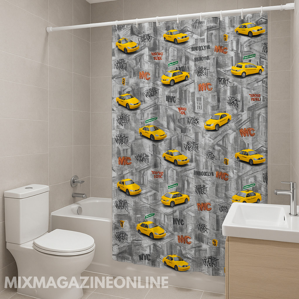 Kit Cortina de Box Estampada NY + Barra Ajustável Sem Furos – Instalação Fácil para Seu Banheiro