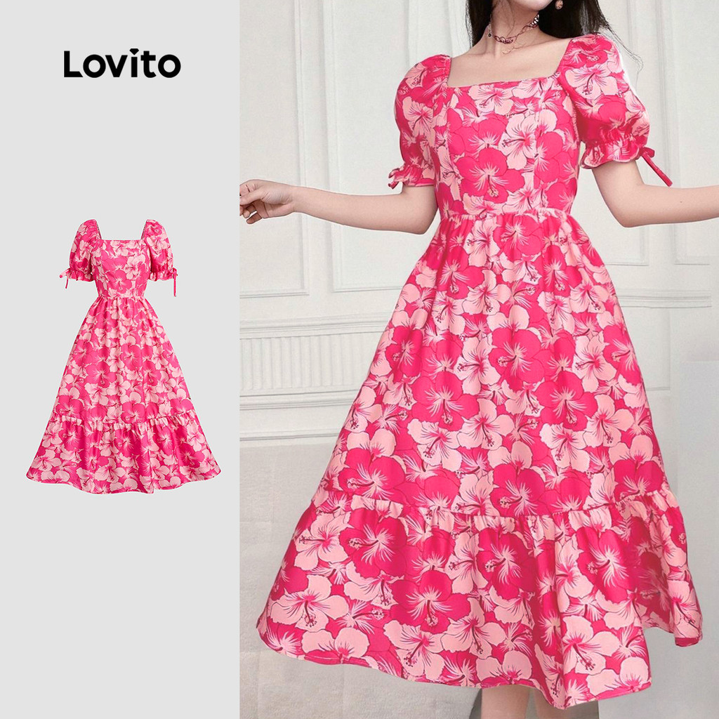 Lovito Vestido Boho de Flores com Laço Toque Suave Primavera/verão Vestido Vermelho Rosa LBL26206