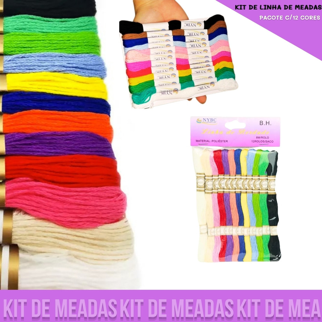 Kit C/12 Meadas p/ Bordado Ponto Cruz - Cores Sortidas NYBC em Oferta na Shopee