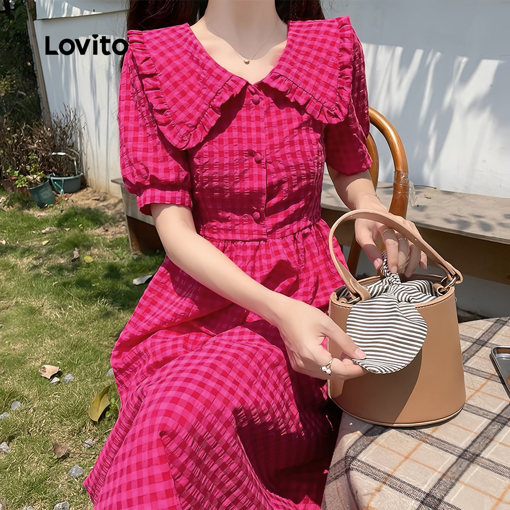 Detalhes do Lovito Vestido Casual Feminino Rosa Vermelho Primavera Verão L135ED546