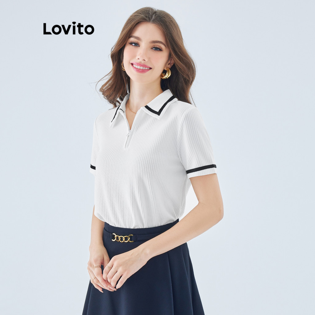 (Trendy) Lovito Camiseta Elegante Com Gola Lisa E Contrastante, Camisetas De Manga Curta Para Mulheres L49ED029