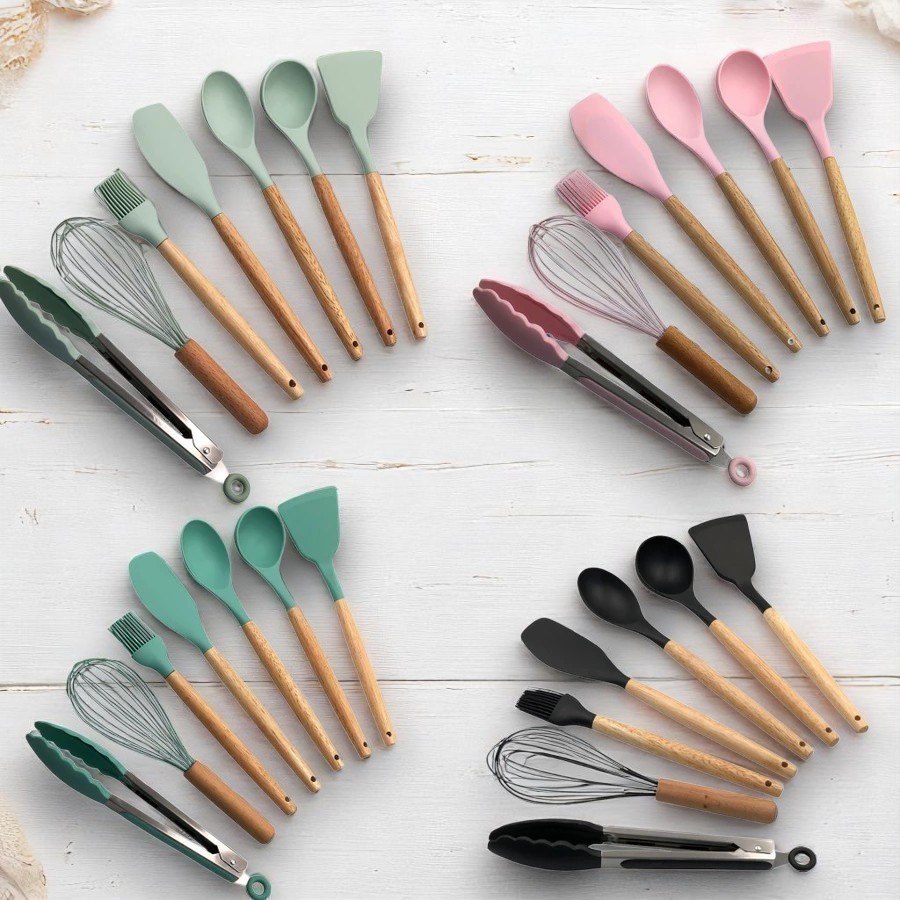 Conjunto 8 Peças Kit Utensílios Para Cozinha em Silicone Panelas Antiaderente Com Cabo De Madeira
