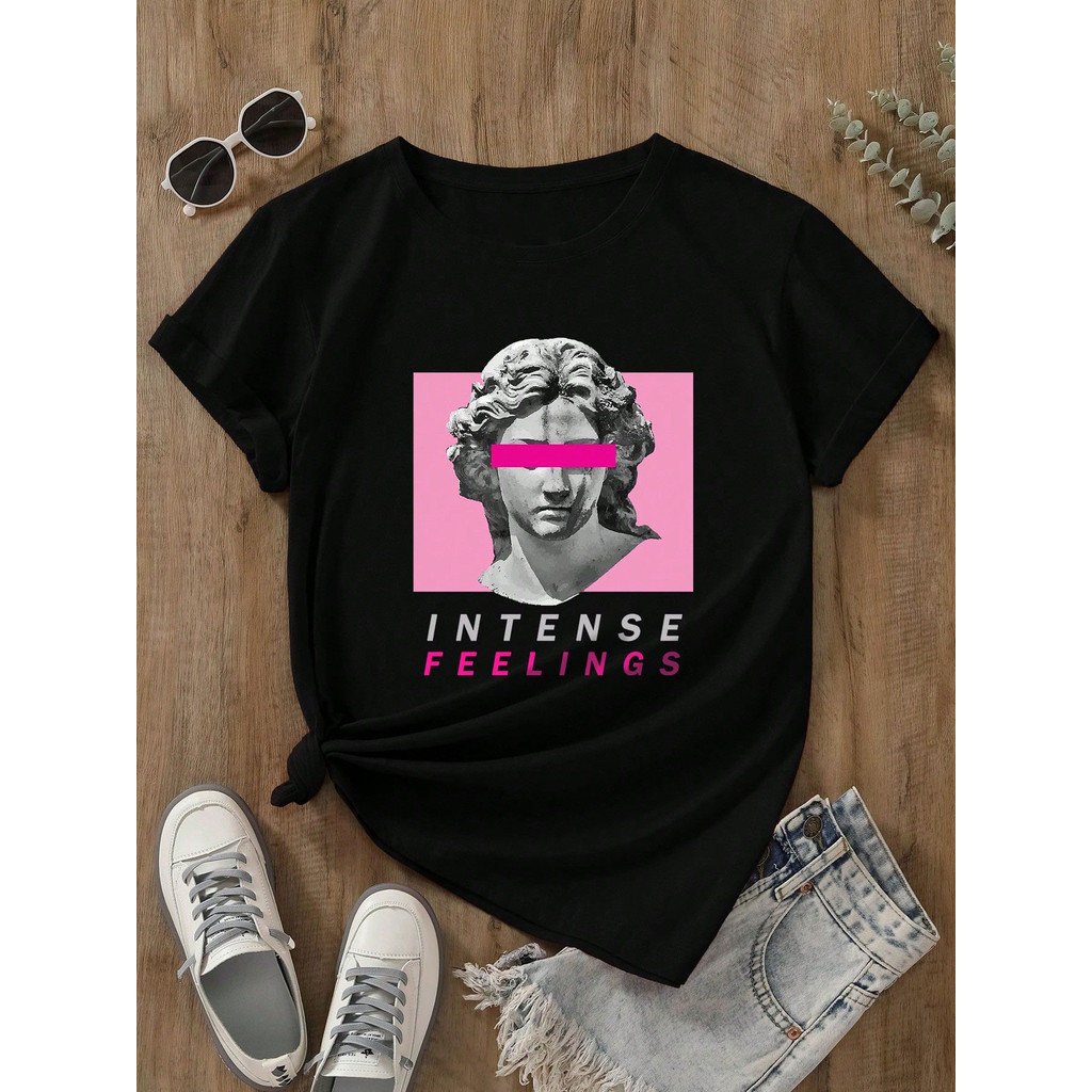 Tshirt Feminina Estilosa Estampada Intense Feelings Lançamento Camiseta 100% Algodão Camisa Oversized Plus Size