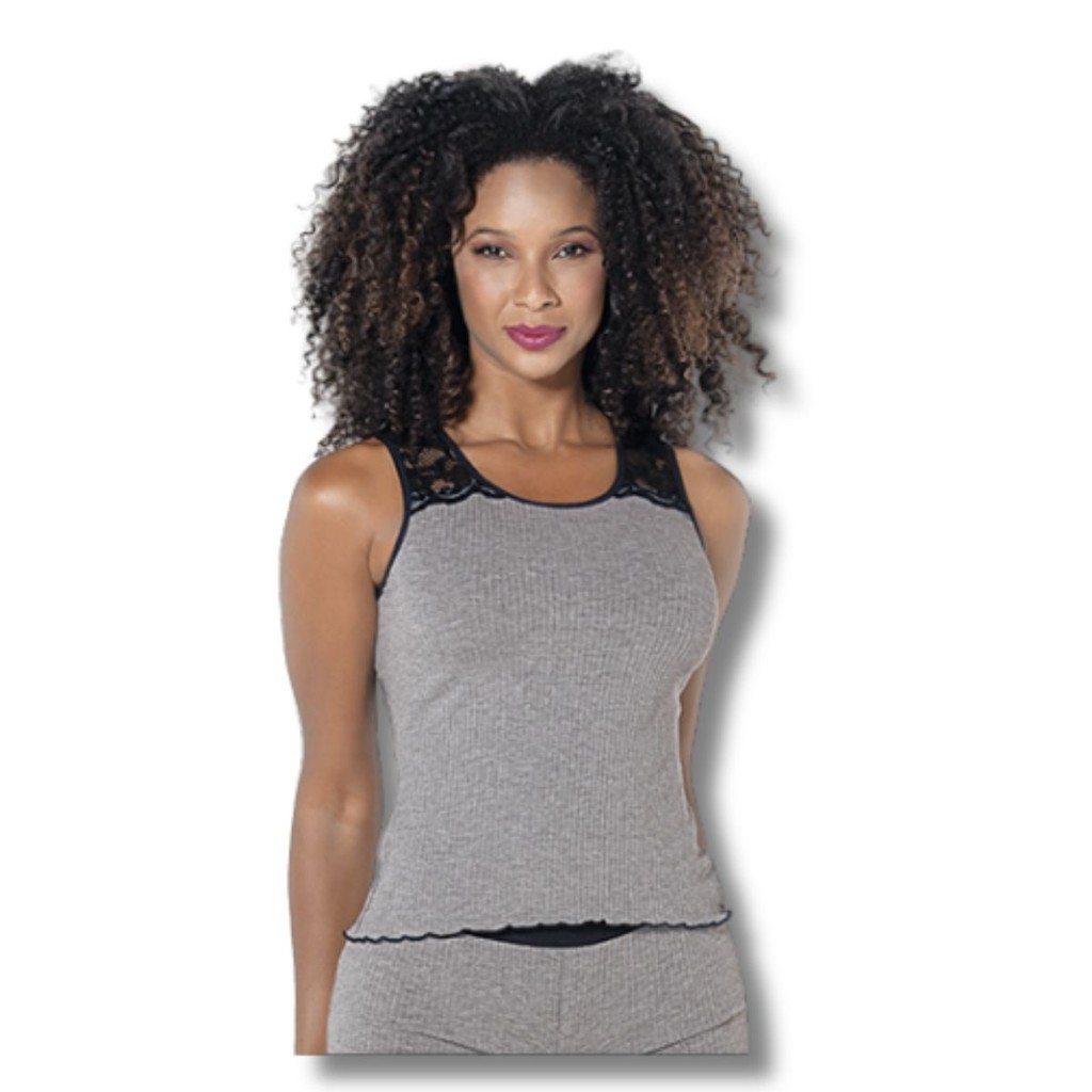 Camisete Pijama Menthol DeMillus Com Renda e Ribana Canelada