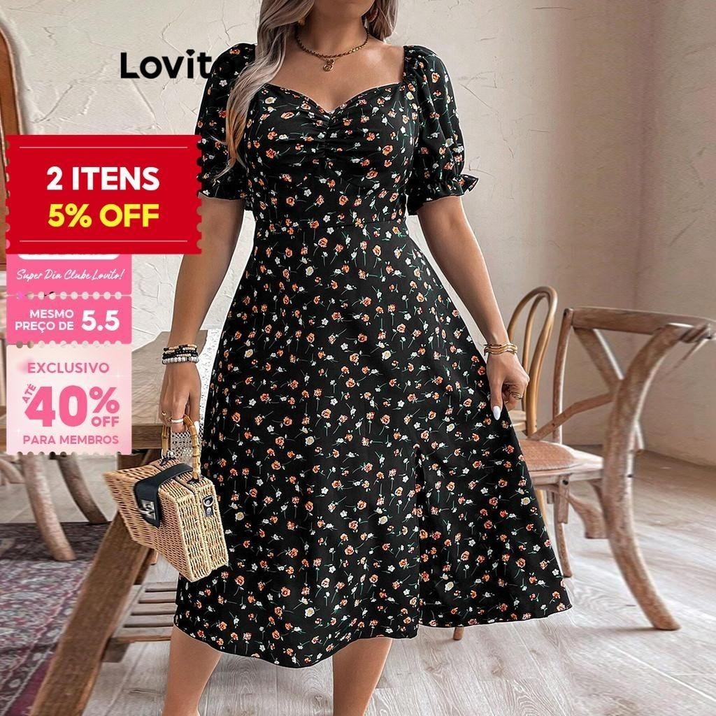(Trendy) Lovito Vestido Curva Plus Size Romântico Ditsy Floral Franzido Vestido Querido Para Mulheres LBL15164 - Women Clothes