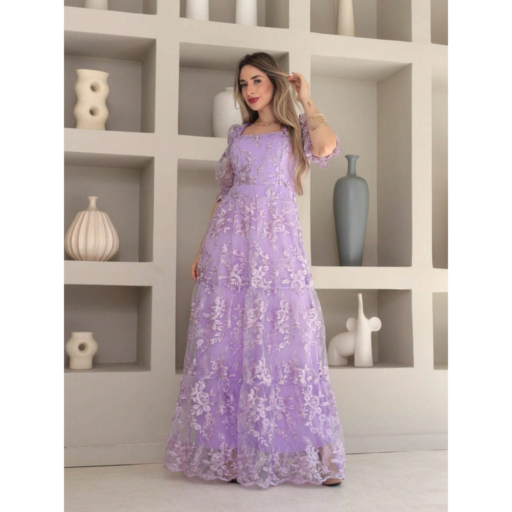 Vitoria Vestido Longo Luxo tule festa  bordado manga curto