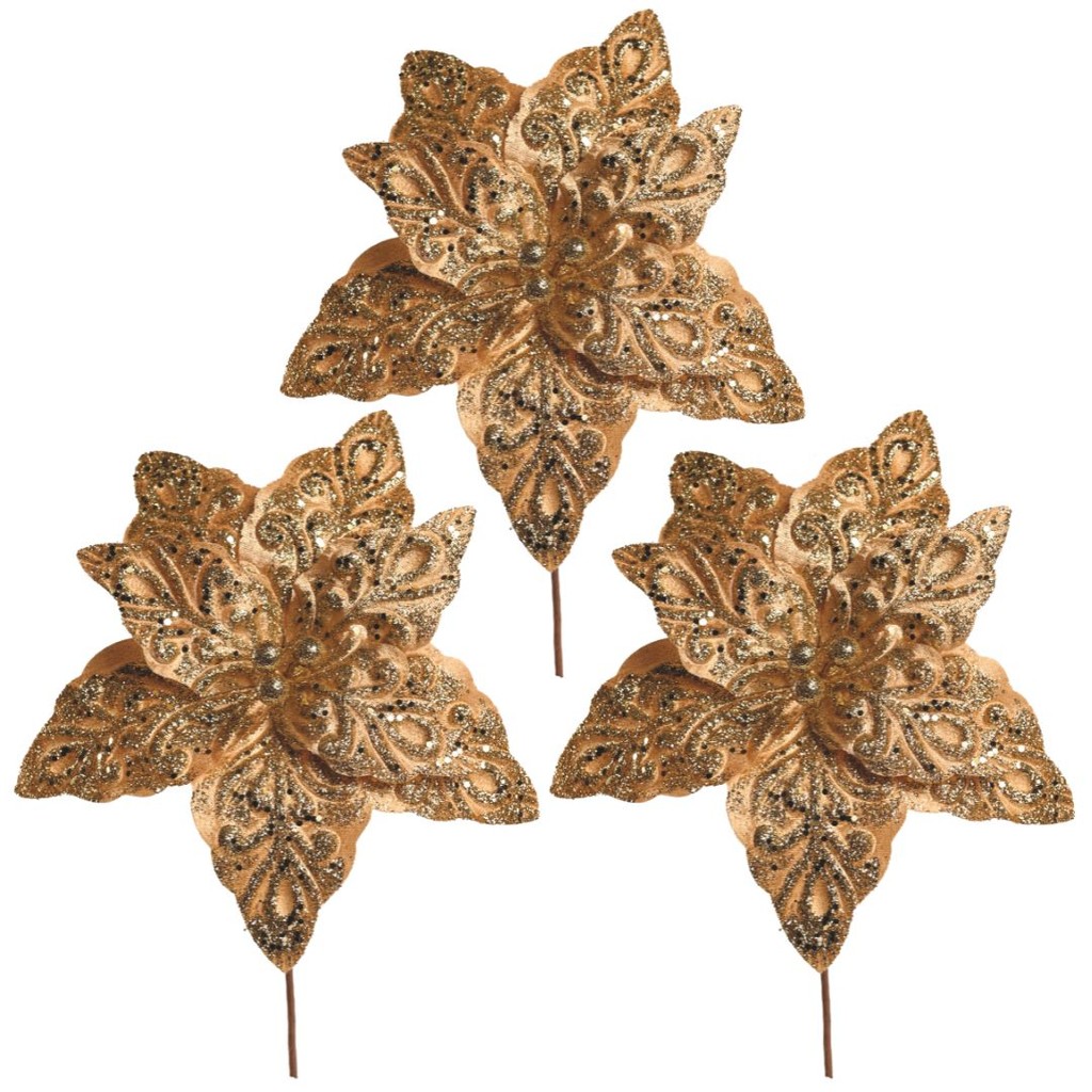 Kit 3 Flores Bico de Papagaio Pick Natal Veludo Arabesco Glitter Dourado 28cm - Magizi