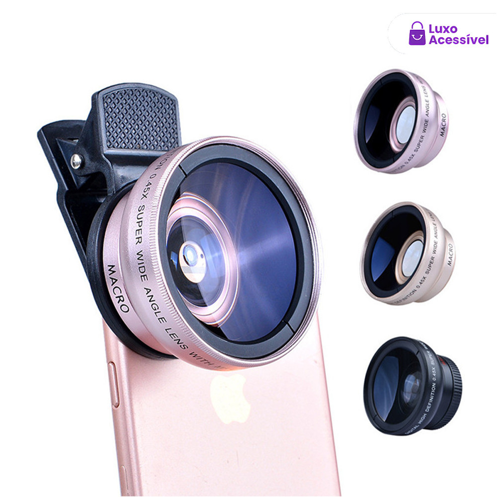 Kit de Clip de Lente HD Externa para Celular 2em1 Lente  Super Macro e Grande Angular Compatível com todos os telefones