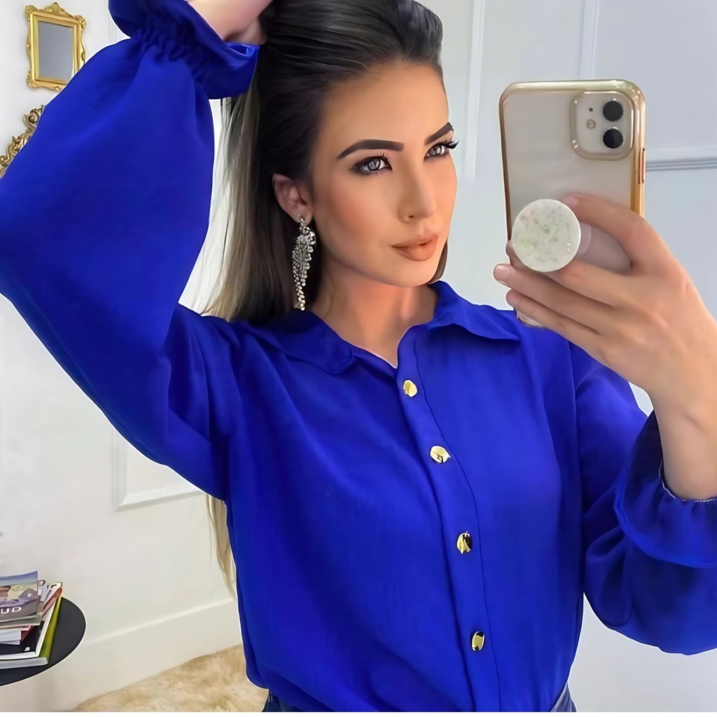 Camisa Social Feminina Duna azul  Manga Princesa Tendencia em Oferta na Shopee
