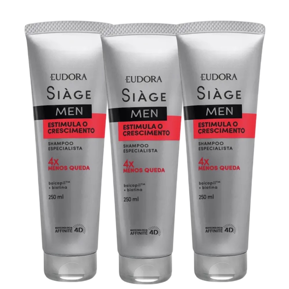 Kit 3 Shampoo Antiqueda Estimula o Crescimento Masculino 250ml Eudora Siàge Men