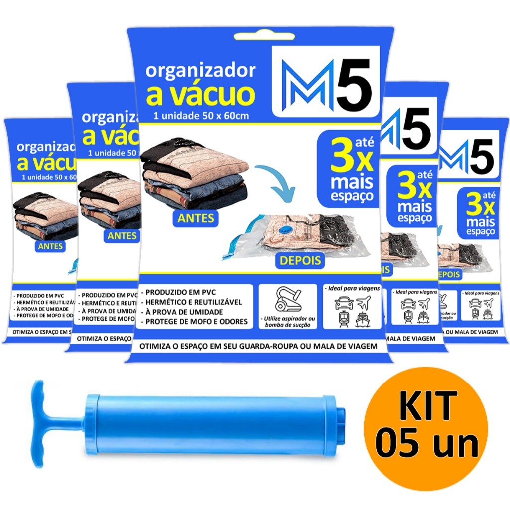 Kit 5 Saco a Vácuo Hermético 50x60cm + Bomba de Sucção Organizador para Mala de Viagem Guarda Roupa