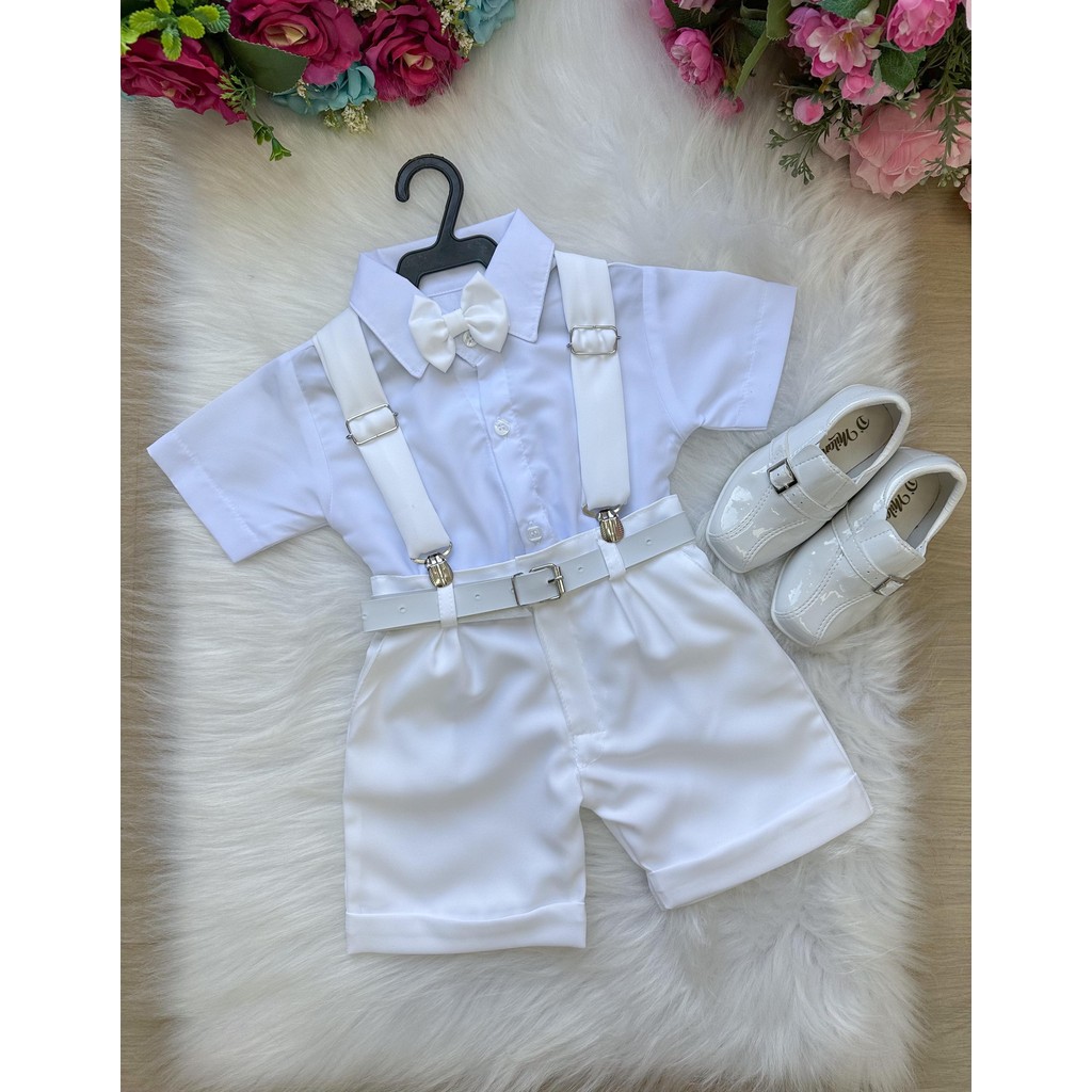 Conjunto Infantil Social Menino Suspensorio Short Branco Formatura Noivinho Casamento Pagem Batizado