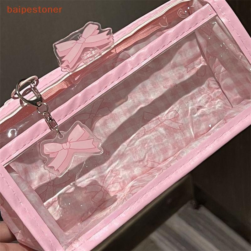 [baipestoner] Estojo Transparente Com Zíper E Laço Doce Caixa Armazenamento De Papelaria Para Estudantes Bolsa Maquiagem
