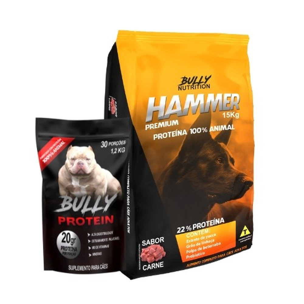 Ração Hammer Premium 15kg + Suplemento Bully Protein 1,2Kg  + Moringa Dog 60g