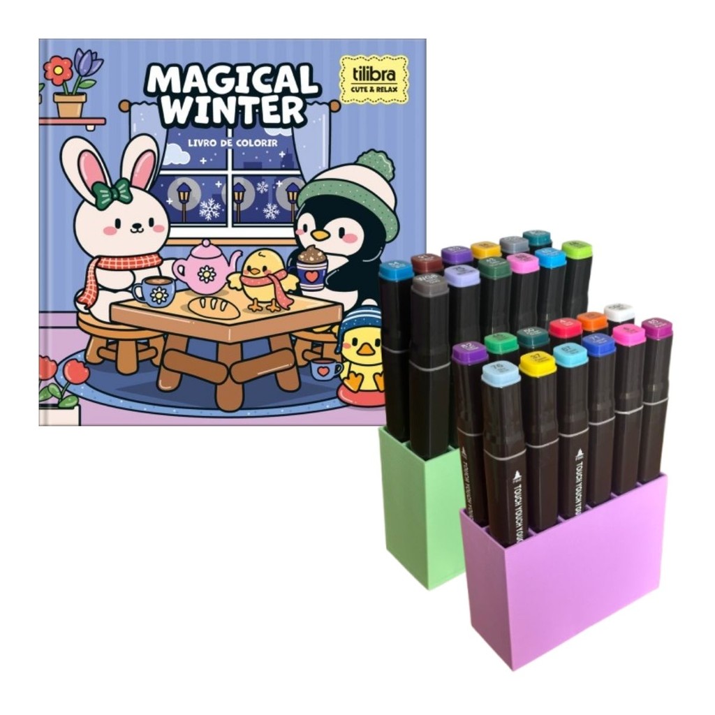 Kit Livro de Colorir Cute & Relax com 12 Canetinhas Touch e Suporte Organizador Lilás Verde
