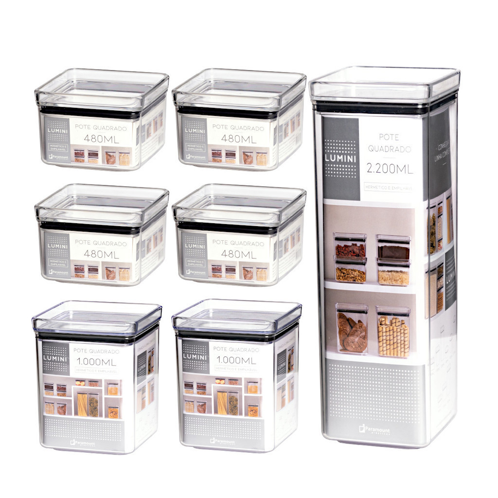 Kit 7 Potes Quadrados Herméticos Multiuso Transparente Lumini Organização Mantimentos