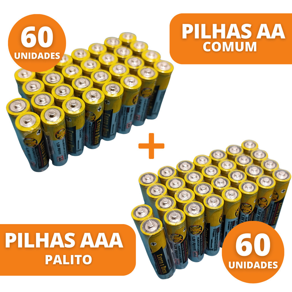 60 Pilhas AAA Palito + 60 Pilhas AA Comum Para Controle Relógio