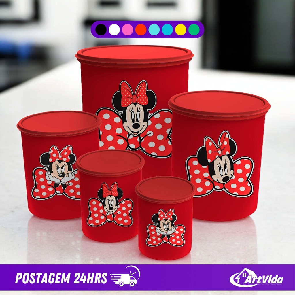 Conjunto de 5 Potes de Mantimentos Decorados Mickey Minnie Plástico Resistente – ArtVida