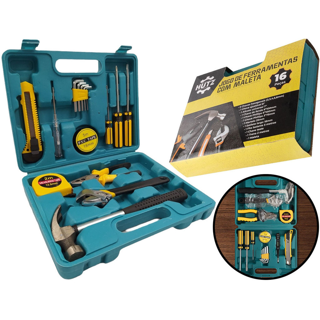 Jogo Kit 16 Ferramentas Com Maleta Multiuso Estilete Martelo Chave De Fenda Alicate Trena Fita Hutz - Home & Living