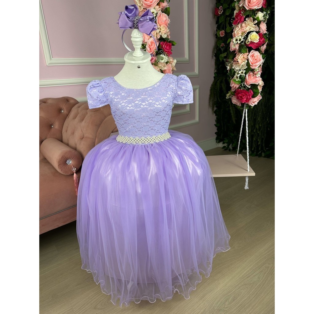 Vestido Enjoy Longo Laura Lilas Rendado Casamento Formatura Noiva Batizado Elegante Luxo Clássico Cerimônia Festa Formal Princesa Sofisticado Delicado Glamouroso Chic Tradicional Romântico Solene Infantil Juvenil Festa Casual Menina Dia a Dia Feminino Ver