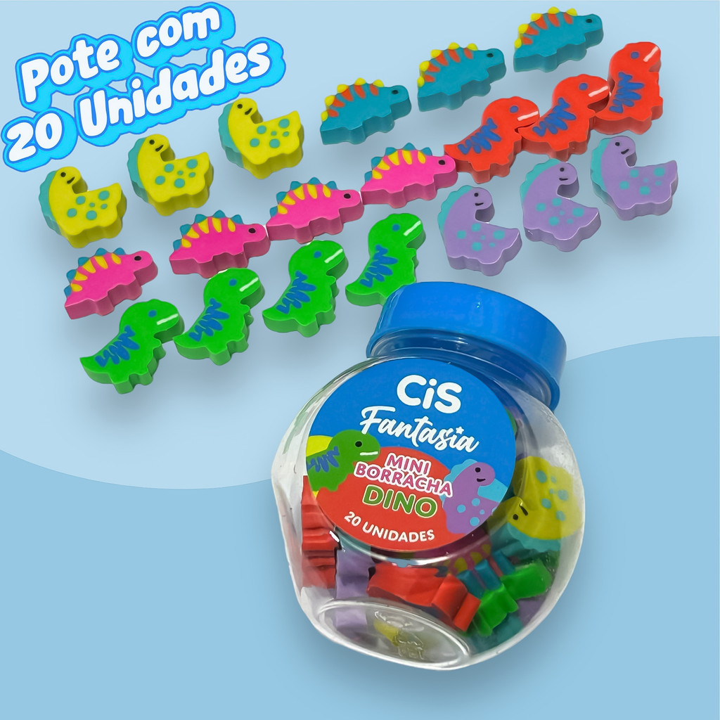 Mini Borracha Cis Fantasia Dino Pote Com 20 Unidades - Borracha Escolar Fofa fofinha (Dinossauros)