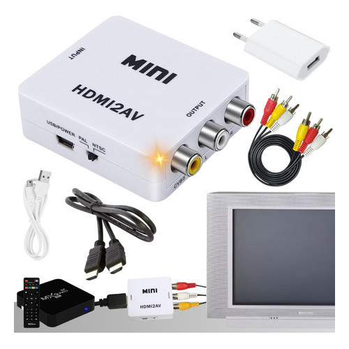 Kit Adaptador Hdmi Para Av Rca Completo Com Fonte E Cabos