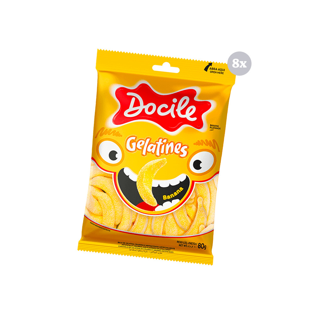 Kit com 8 Pct Gelat Doci Gummies Banana 80G Bala Docile