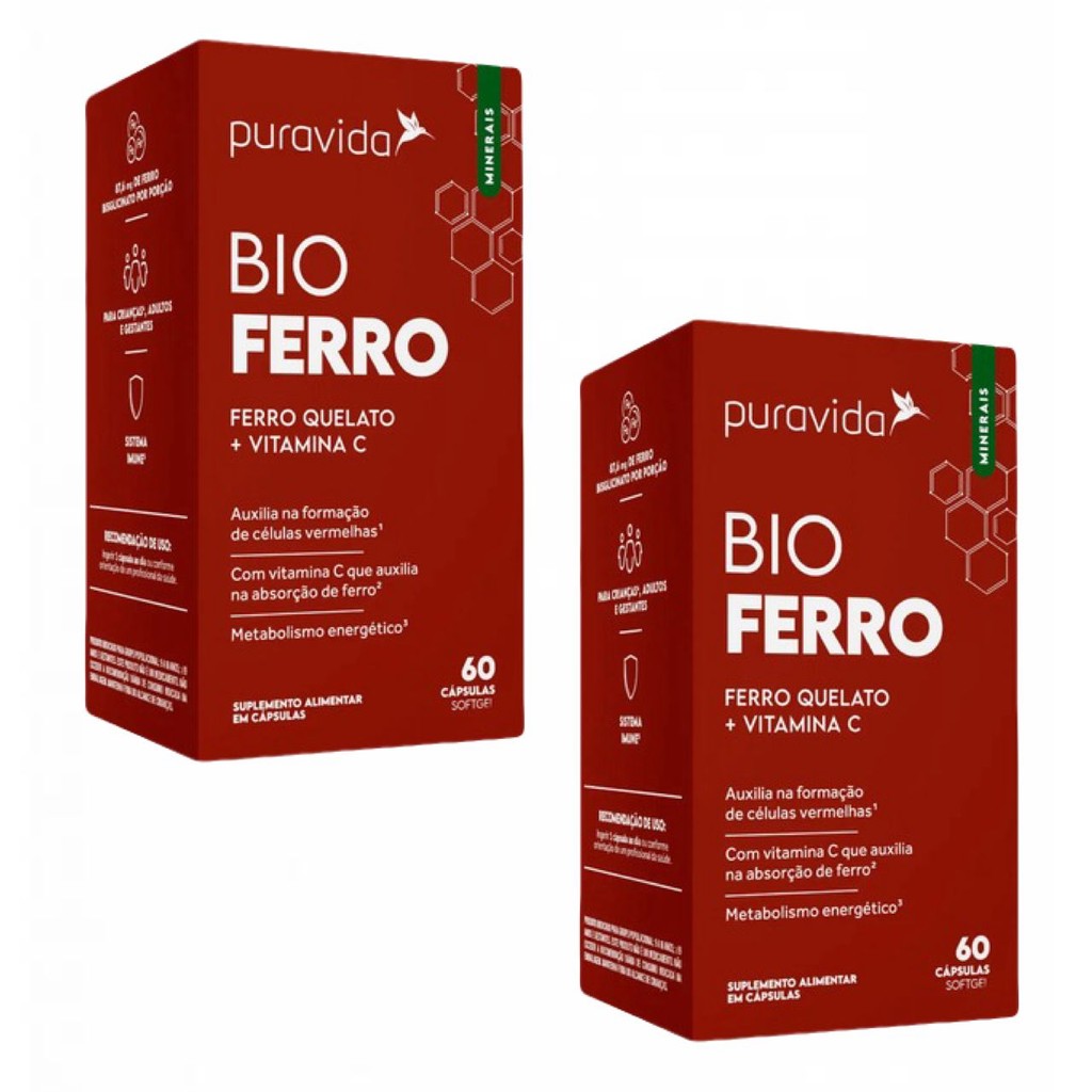2x Bio Ferro Quelato + Vitamina C- 60 Caps.- Puravida em Oferta na Shopee