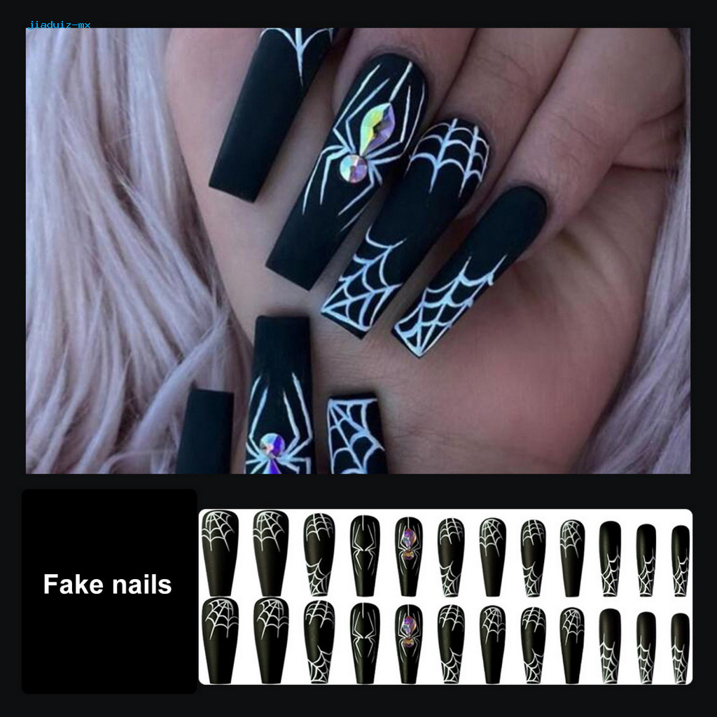 Press-on Fake Nails Nail-friendly Spooky Halloween Spider Web Set with Glue Black Long Nail Extension Kit for Women Girls Acrylic Press for Home