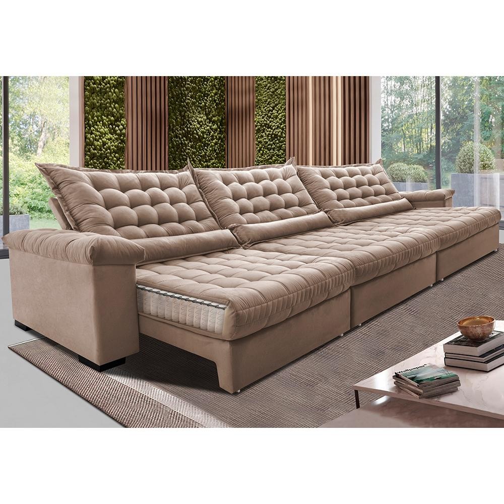 Sofá Retrátil e Reclinável 4,15m Molas Ensacadas Cama inBox Big Space com Bordado 3D Velusoft Bege