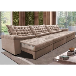 Sofá Retrátil e Reclinável 4,15m Molas Ensacadas Cama inBox Big Space com Bordado 3D Velusoft Bege