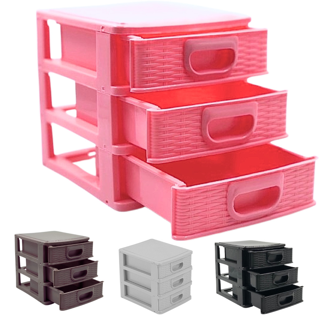 Gaveteiro Organizador De Mesa Micro Porta Tudo - 3 Gavetas - Rosa Preto Branco Marrom