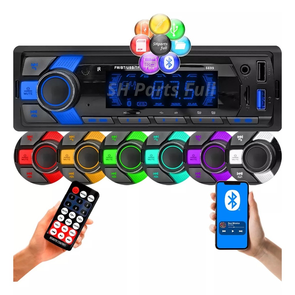 Rádio Mp3 Som Automotivo Bluetooth 7 Cores 200w Pen Drive Sd em Oferta na Shopee