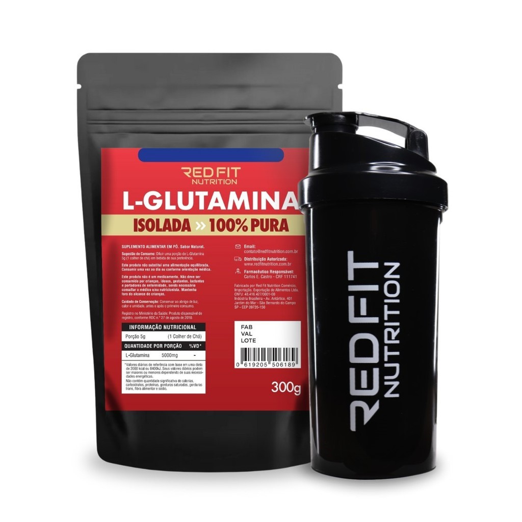 L-Glutamina 300g Shaker Preta 600ml - 100% Pura Matéria-Prima Importada - Red Fit Nutrition