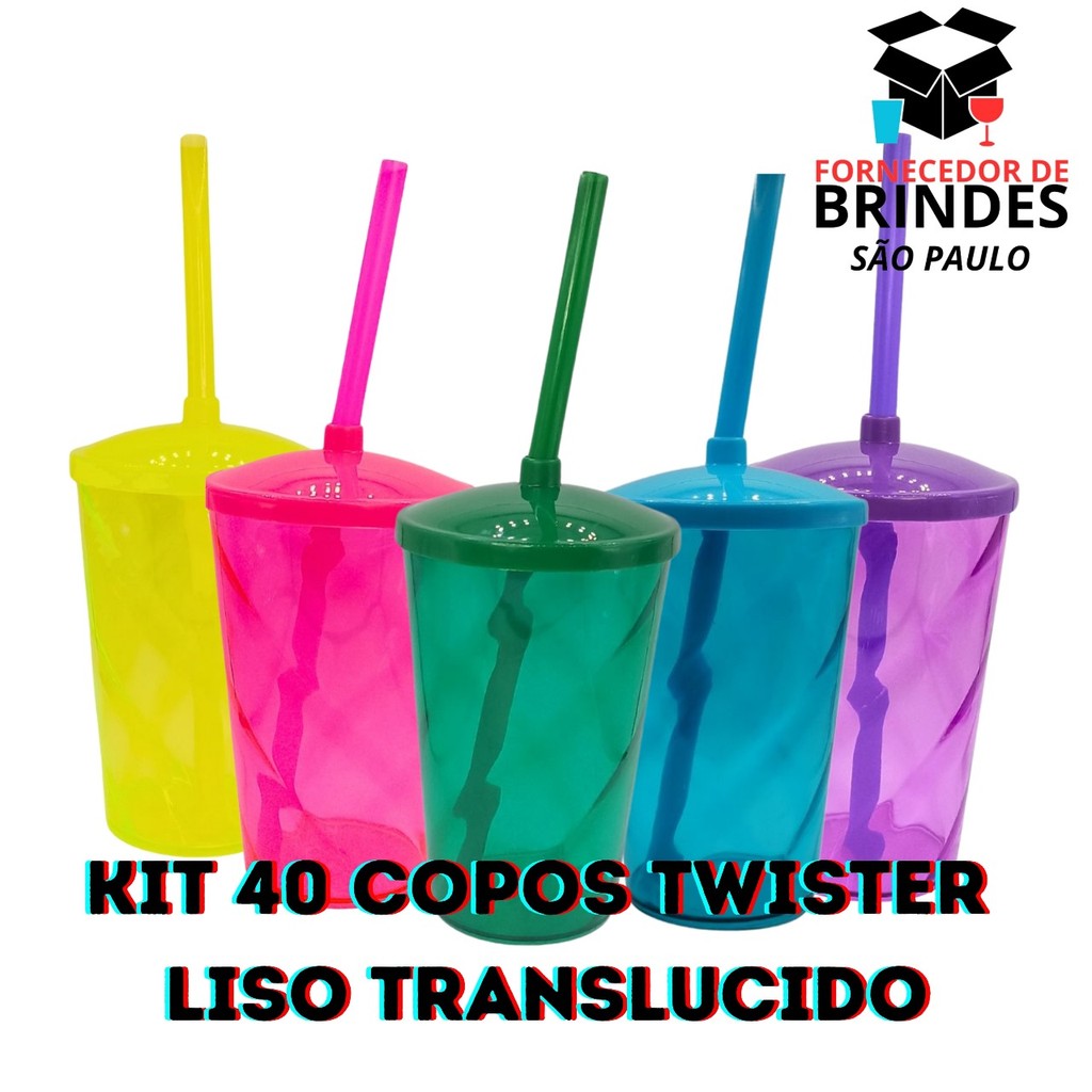 KIT 40 COPOS TWISTER 300ML TRANSLÚCIDOS COM TAMPA E CANUDO PARA PERSONALIZAÇÃO/ADESIVAGEM