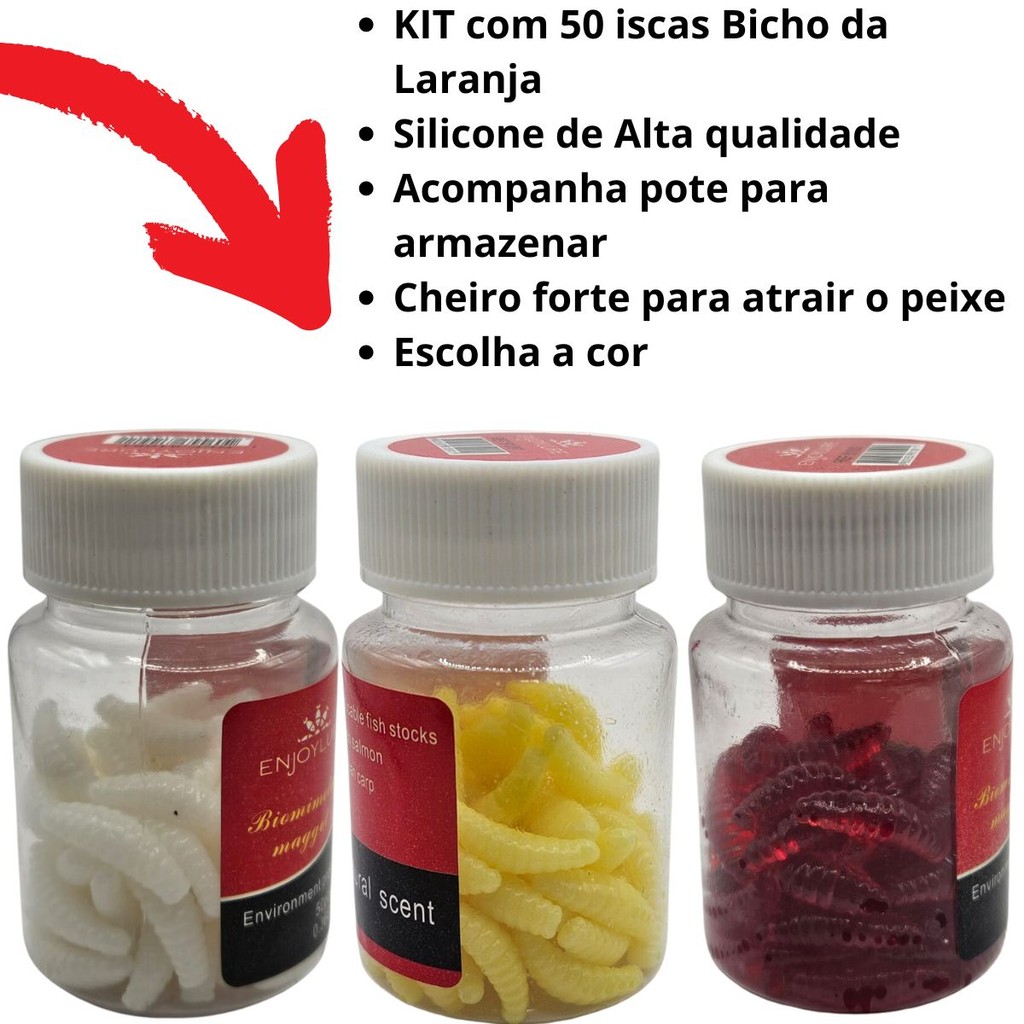 KIT 50 Iscas Artificiais Silicone Soft Larvas Bichinho laranja Pesca Tilápia Lambari Piau Pescaria