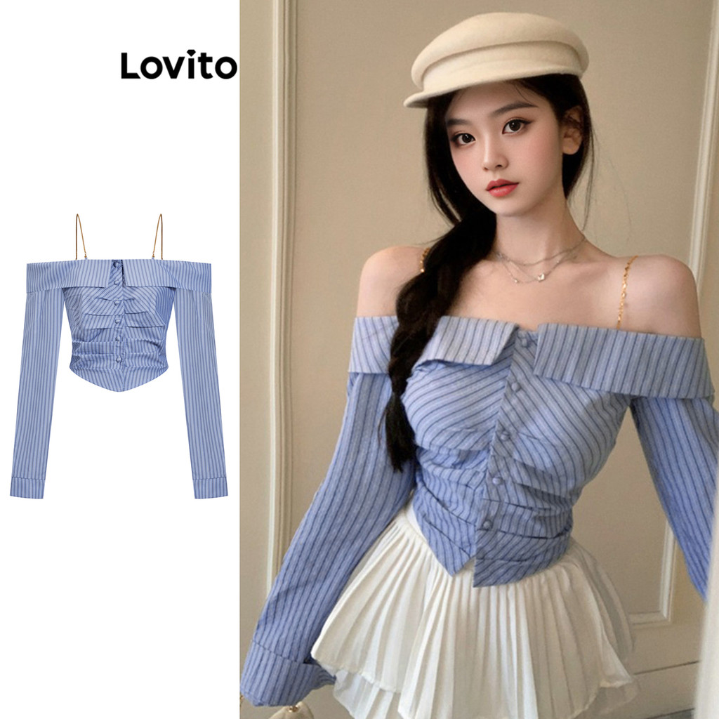 Lovito Blusa casual listrada com botões e correntes franzidas para mulheres L106AD247 - Women Clothes