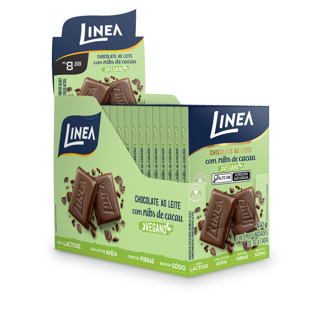 Chocolate ao Leite com Nibs de Cacau Vegano Linea 15 unidades de 30g