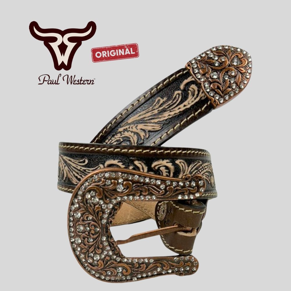 Cinto Infantil Paul Western Marrom Batido Ramo Com Fivela Com Brilho Stras
