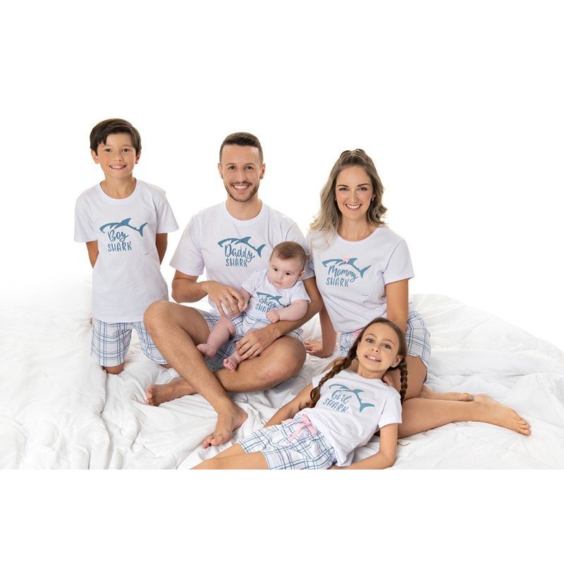 Pijama Familia Curto Verão Tubarão Tal Pai, Mãe, Filho e Filha