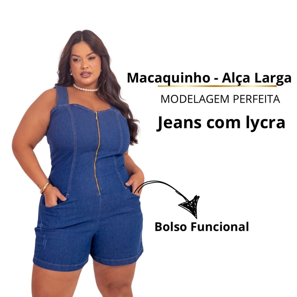 Macaquinho Jeans Plus Size Feminino com Lycra Alça Larga e Bolsos