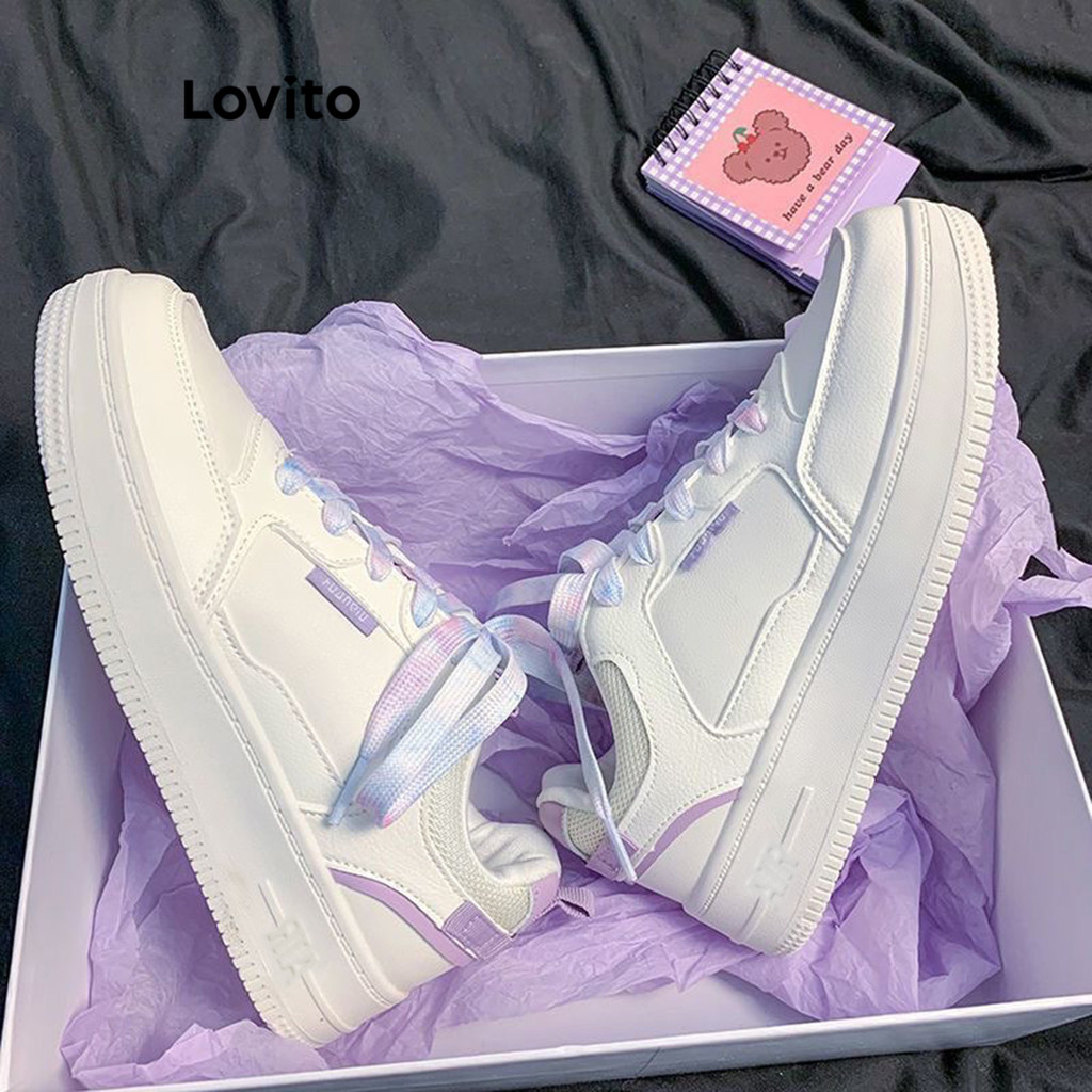 (Trendy) Lovito Casual liso estilo formal simples versátil sola grossa tênis respirável para mulheres LFA62218 em Oferta na Shopee