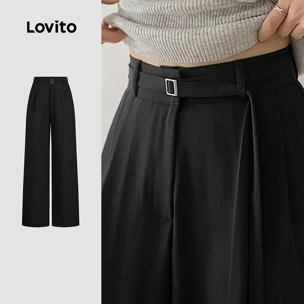 Lovito Calça Casual Fivela Metal E Bolso Cinto Textura Boa Primavera/verão Calça Preta Para Mulheres L138AD879 em Oferta na Shopee