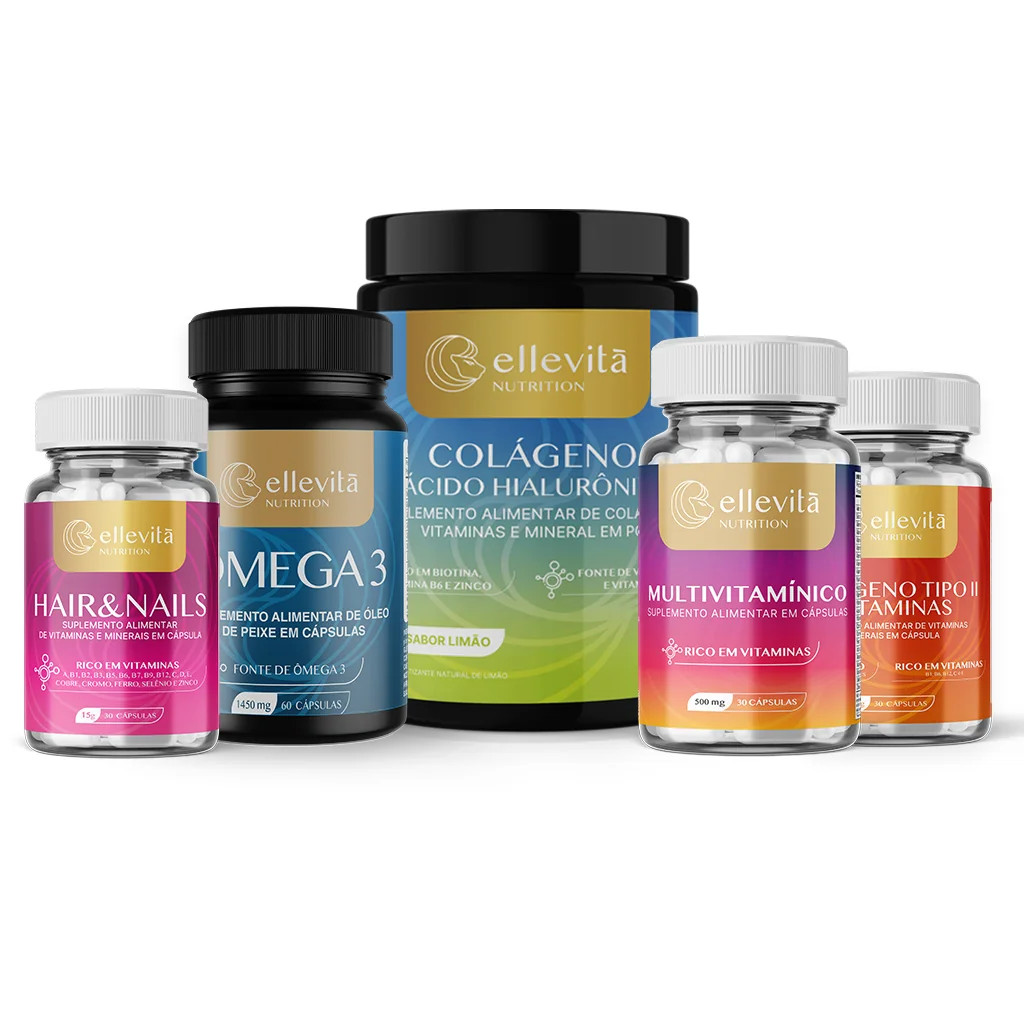 Combo Vitalidade Completa | Colágeno Verisol + Hair&Nails + Ômega 3 + Multivitamínico + Colágeno tipo II